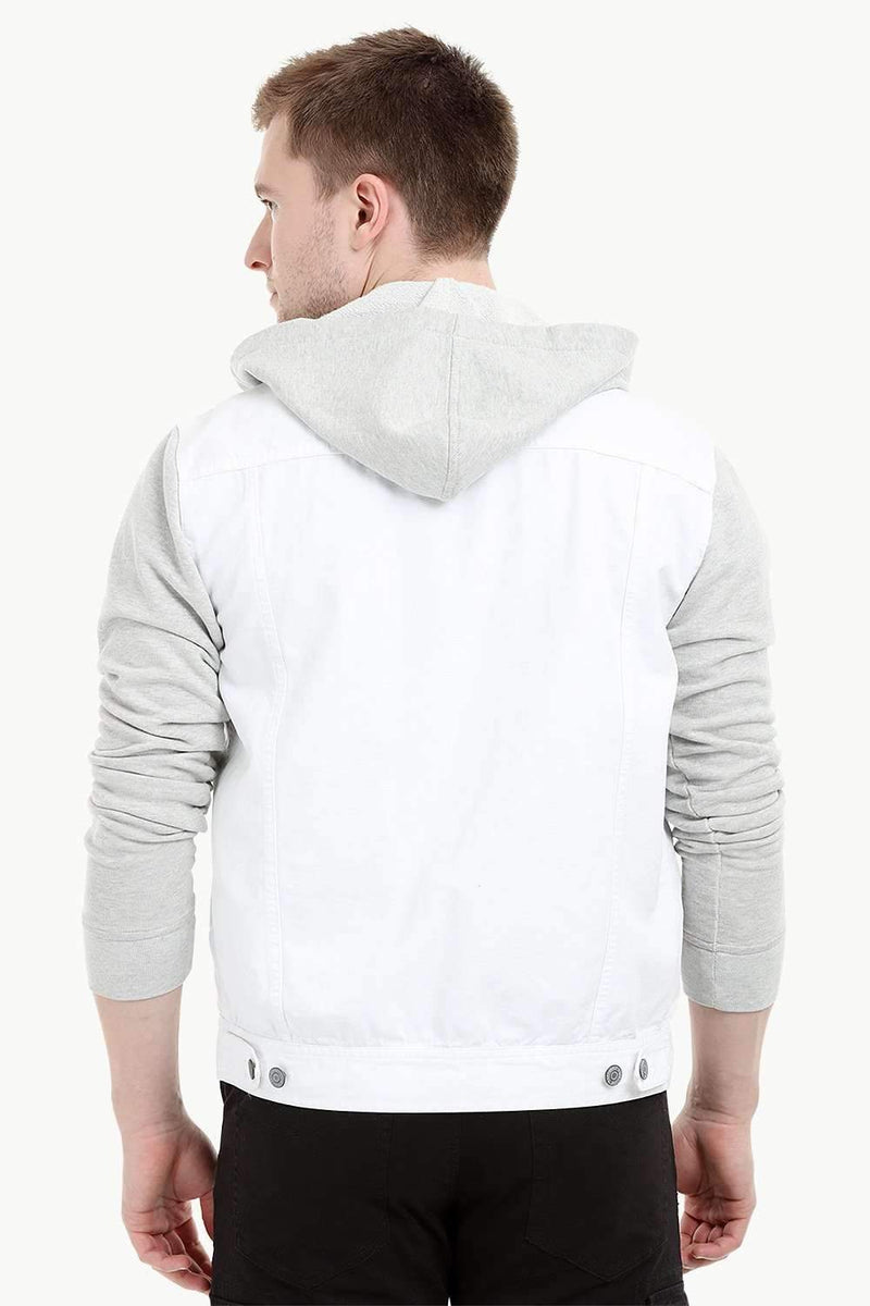 Men's Knit Sleeves Twill Denim Hood Jacket