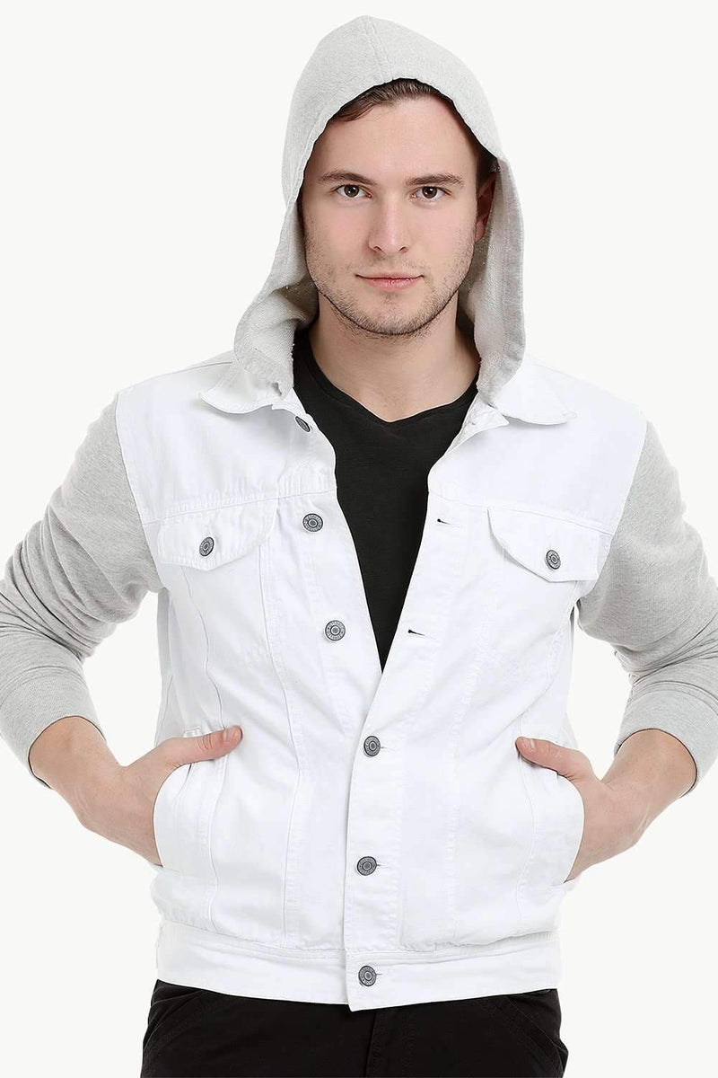 Men's Knit Sleeves Twill Denim Hood Jacket