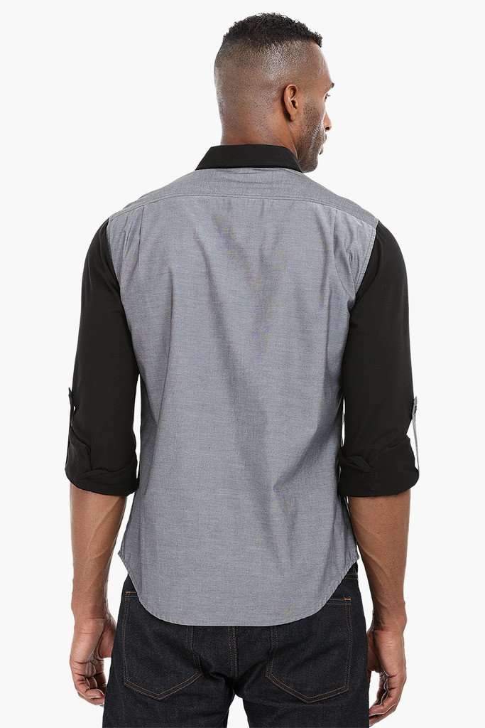 Contrast Knit Sleeve Cotton Shirt