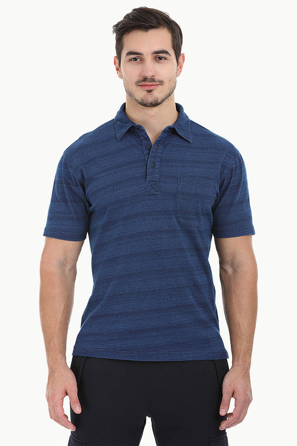 Diagonal Striped Indigo Polo Tee