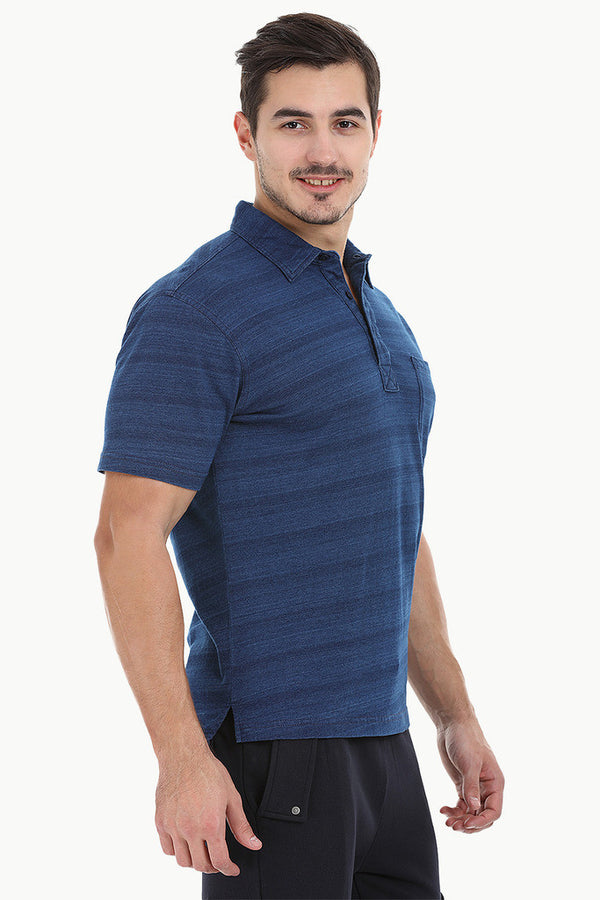 Diagonal Striped Indigo Polo Tee