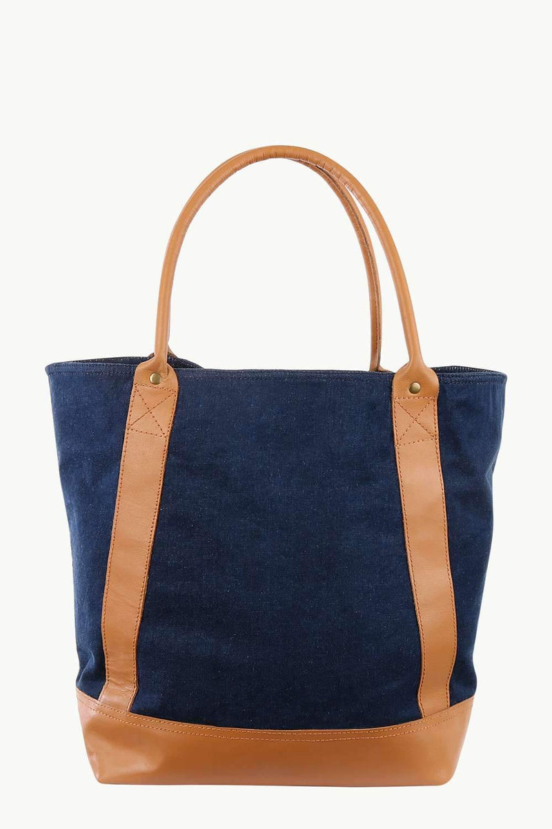 Faux Leather Detail Denim Tote Bag