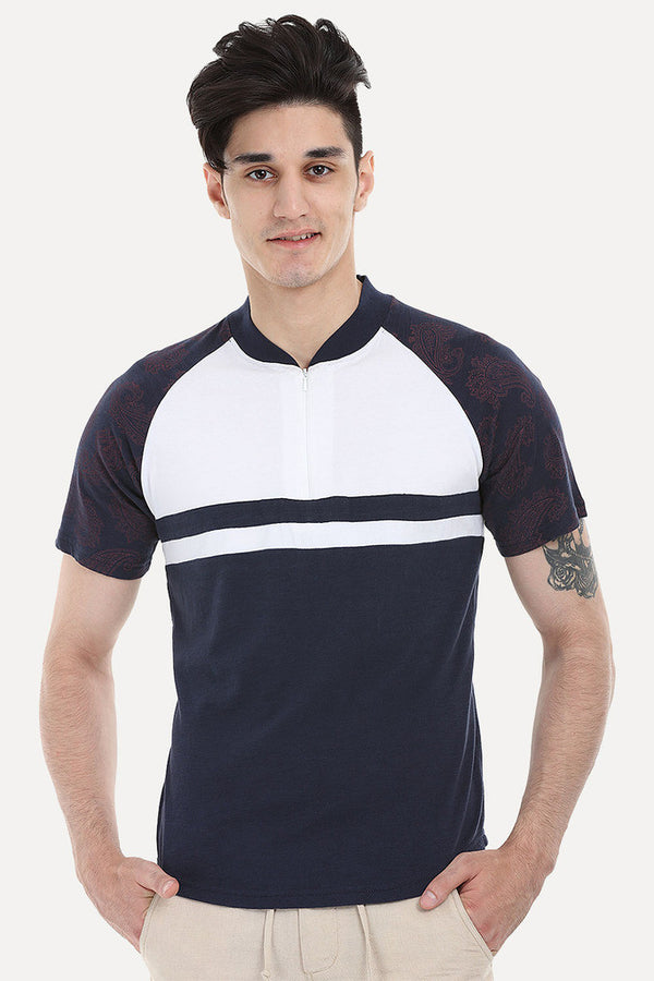 Navy And White Paisley Block Raglan Tee