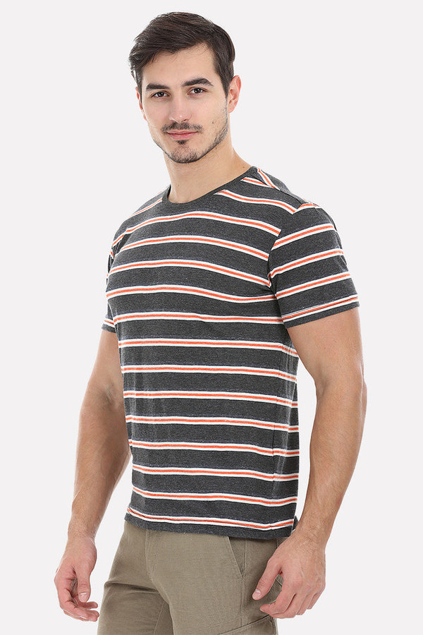 Orange And Grey Contrast Stripe Heather Tee