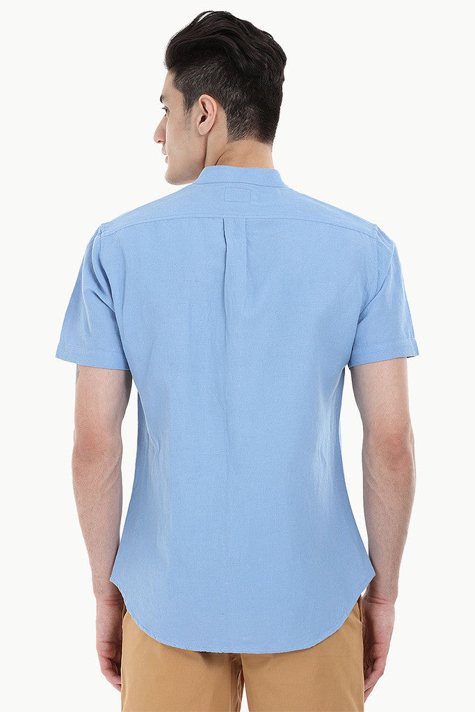 Short Sleeve Band-Collar Linen/Cotton Shirt