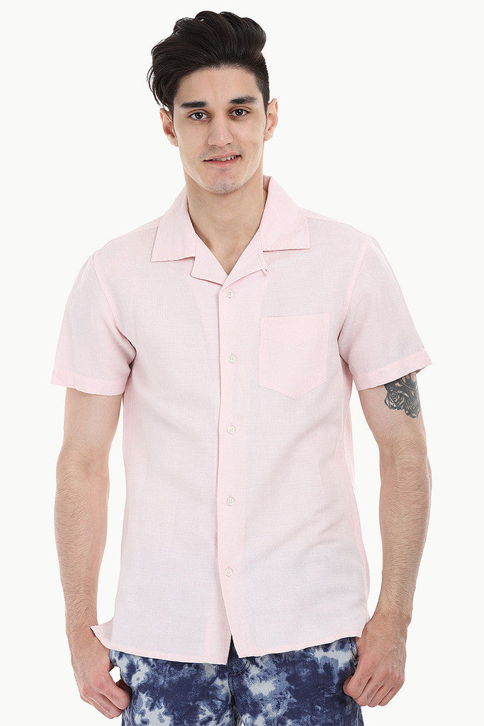 Short-Sleeve Camp-Collar Linen/Cotton Shirt