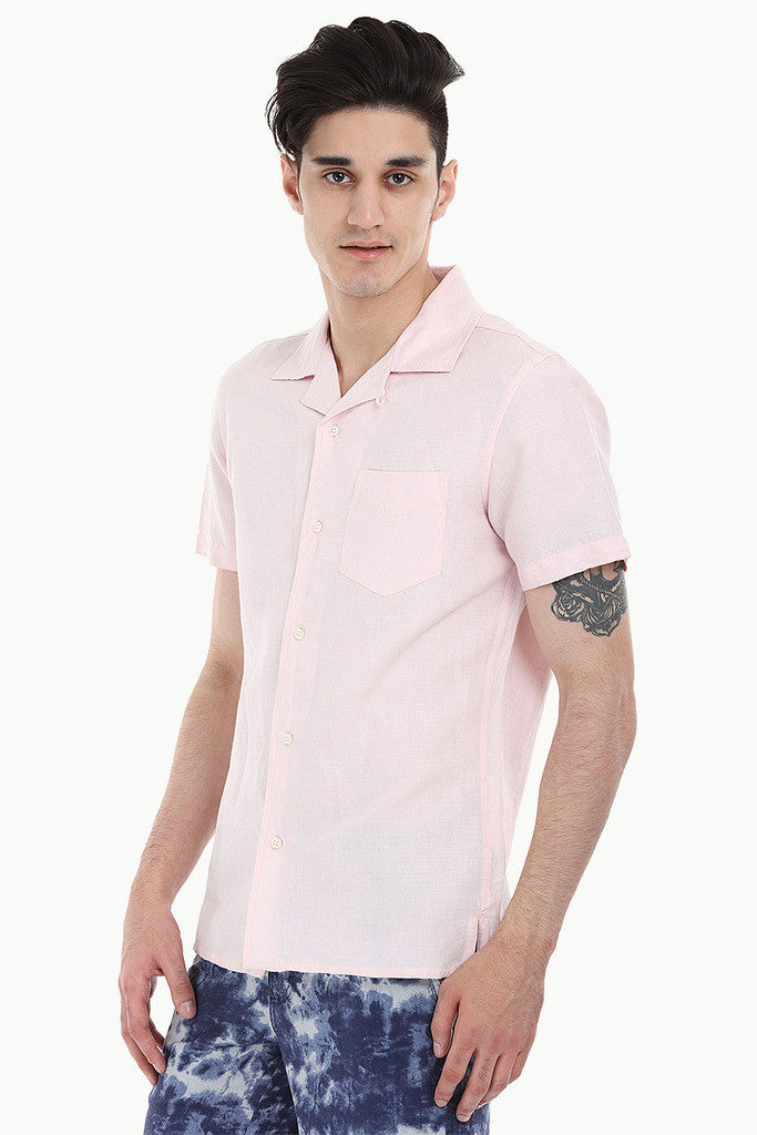 Short-Sleeve Camp-Collar Linen/Cotton Shirt