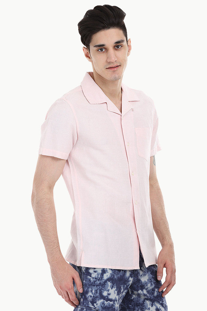 Short-Sleeve Camp-Collar Linen/Cotton Shirt