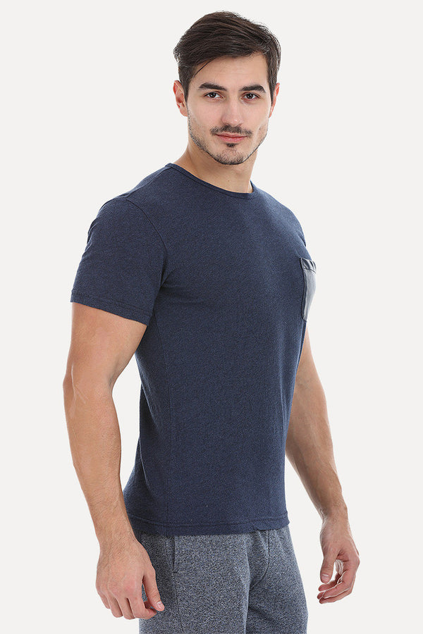 Solid Cotton Tee With Faux Leather Pocket