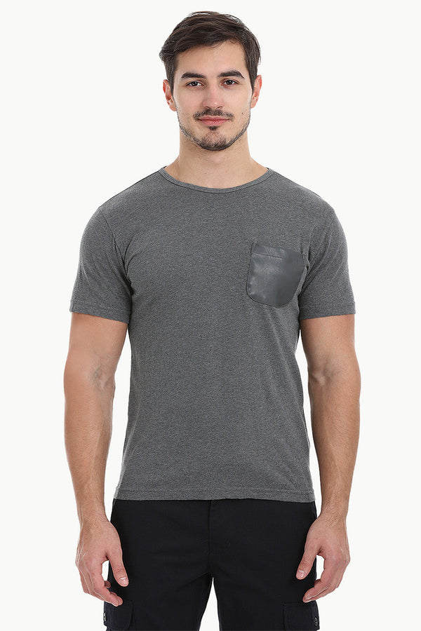 Solid Cotton Tee With Faux Leather Pocket