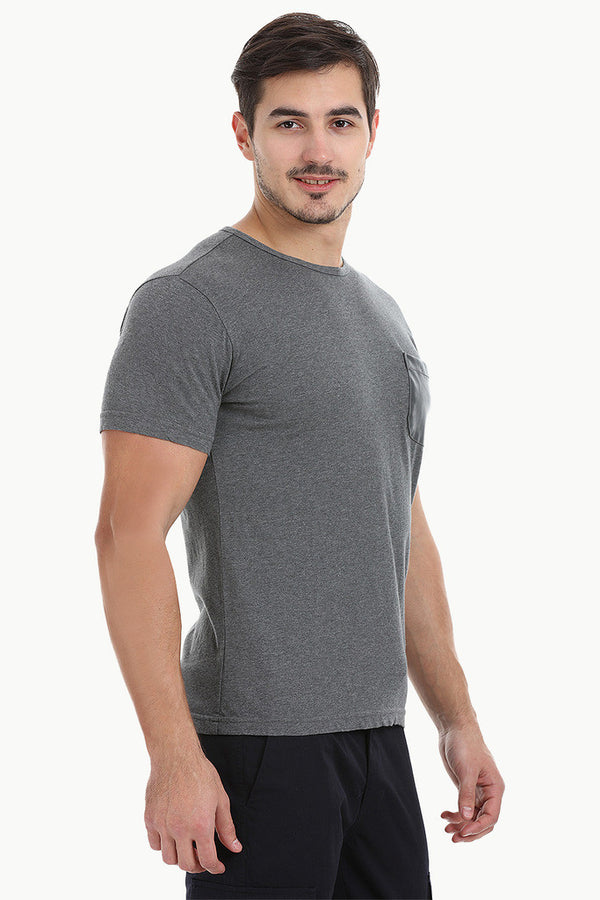 Solid Cotton Tee With Faux Leather Pocket