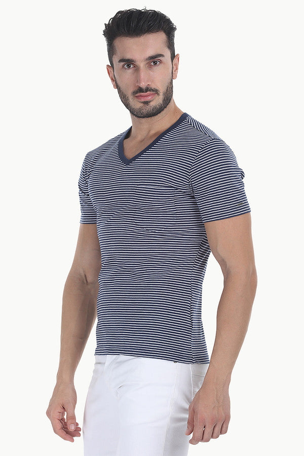 Striped Cotton Melange Knit V Neck Tee