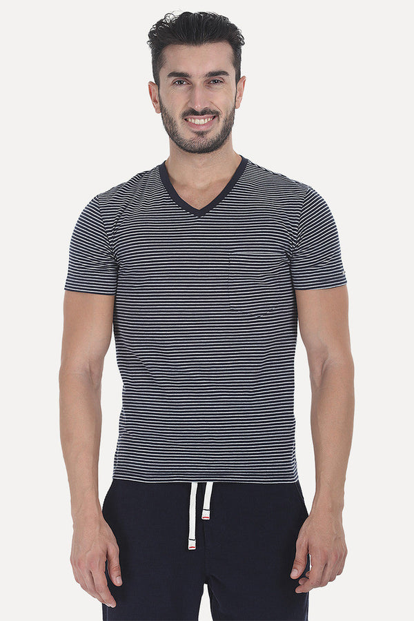 Striped Cotton Melange Knit V Neck Tee