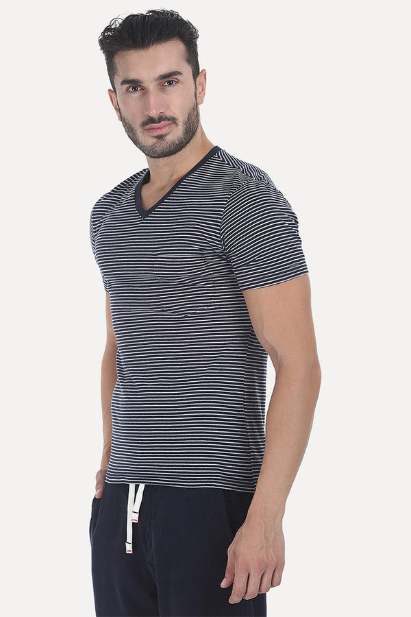 Striped Cotton Melange Knit V Neck Tee