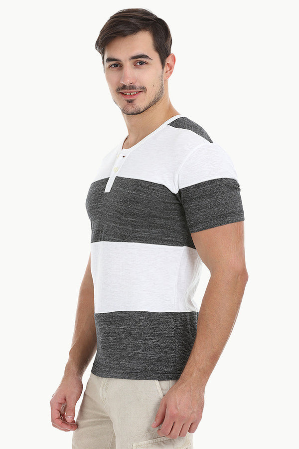 Striped V Neck Henley