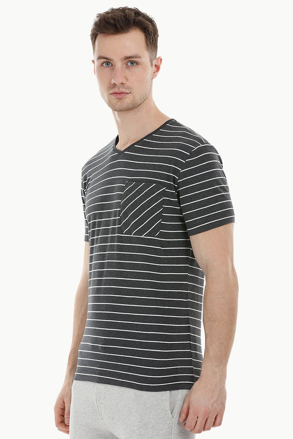 StripeV-Neck Charcoal T-Shirt