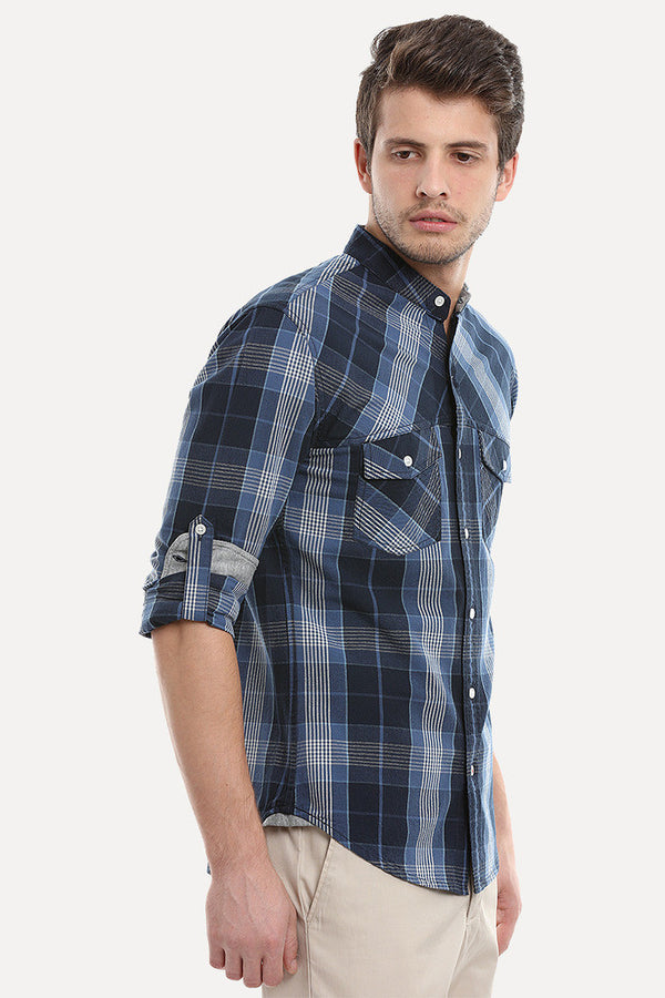 Woven Madras Plaid Collarless Shirt